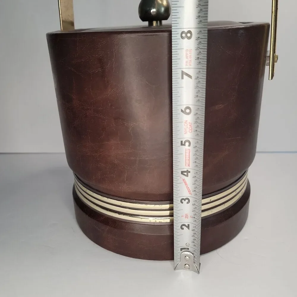 Vintage MCM Brown Vinyl Ice Bucket High Rise Brass Handle Retro Barware 8 In